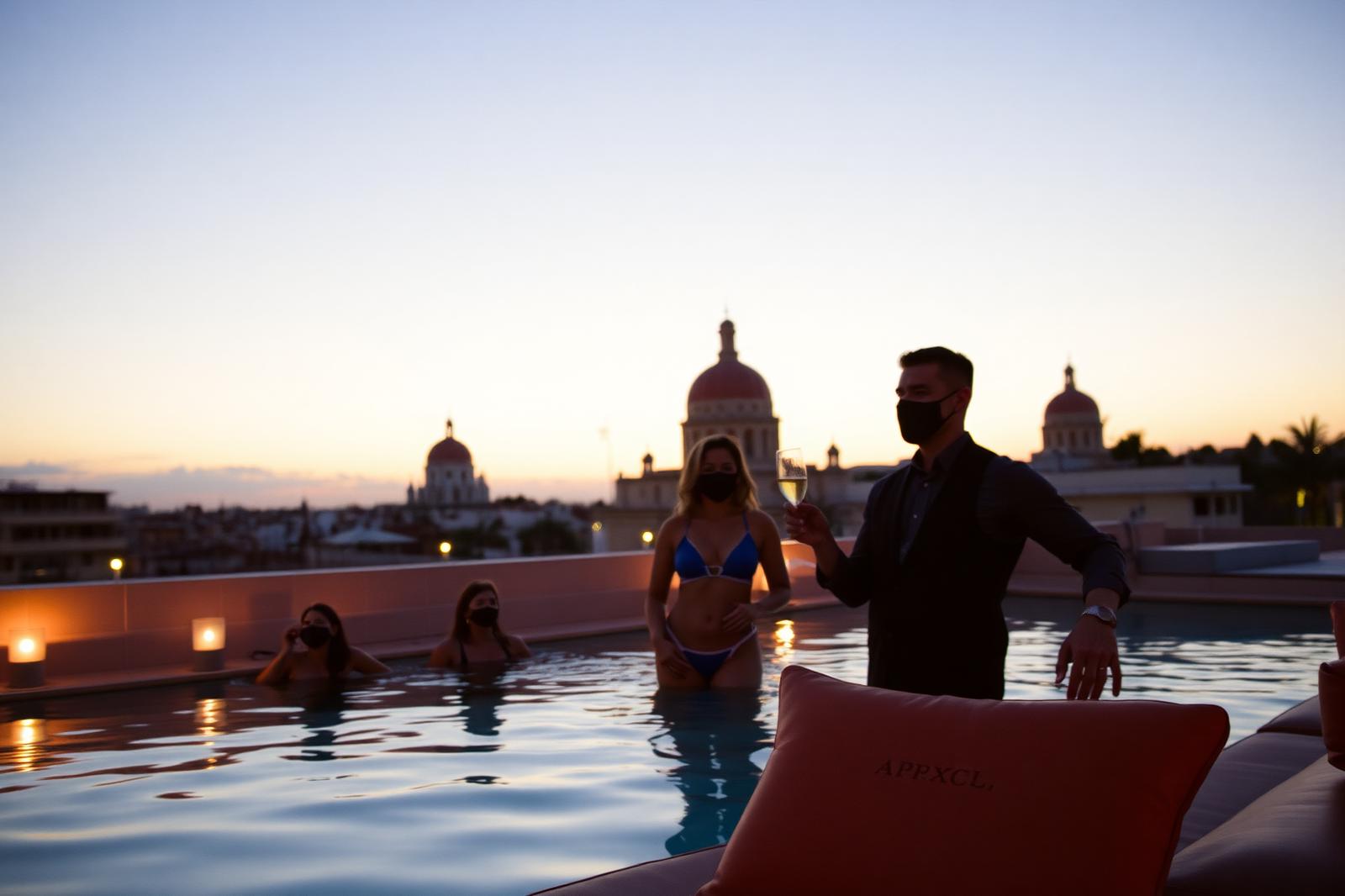 Cartagena rooftop pool — dusk